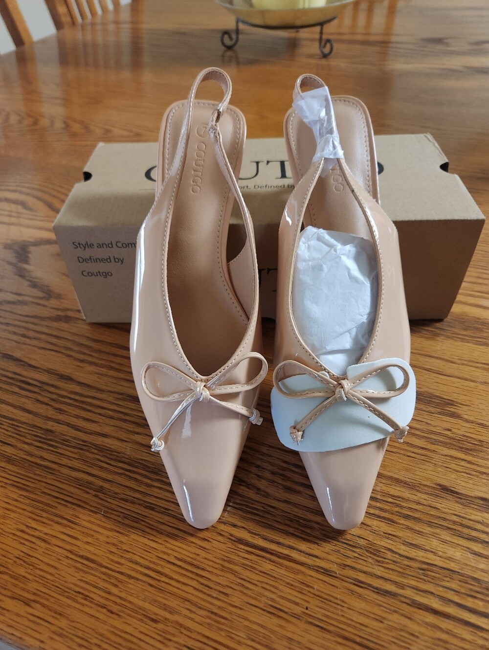 Women's Nude Patent Slingback Pumps with Bow Accent
